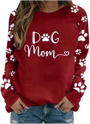 Funny Dog Mom Sweatshirts for Women Cute Dog Paw Print Long Sleeve Graphic Tee Shirts Spring Casual Crewneck Pullover Tops