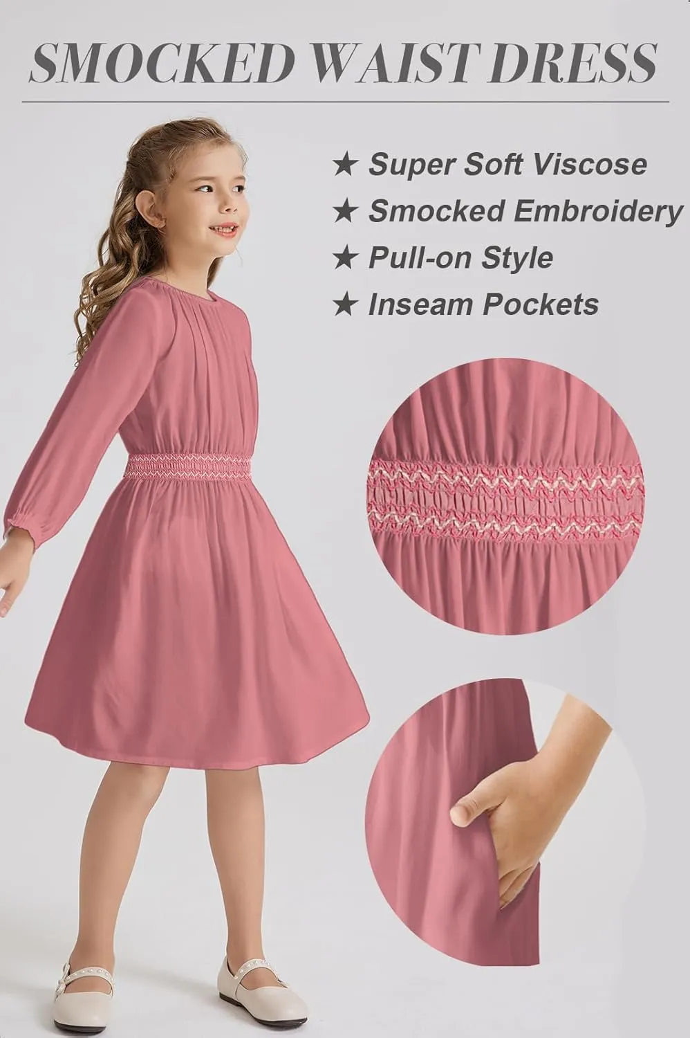 Girls Floral Smocked Waist Dress Church Holiday Playwear Soft Midi Dress with Pockets