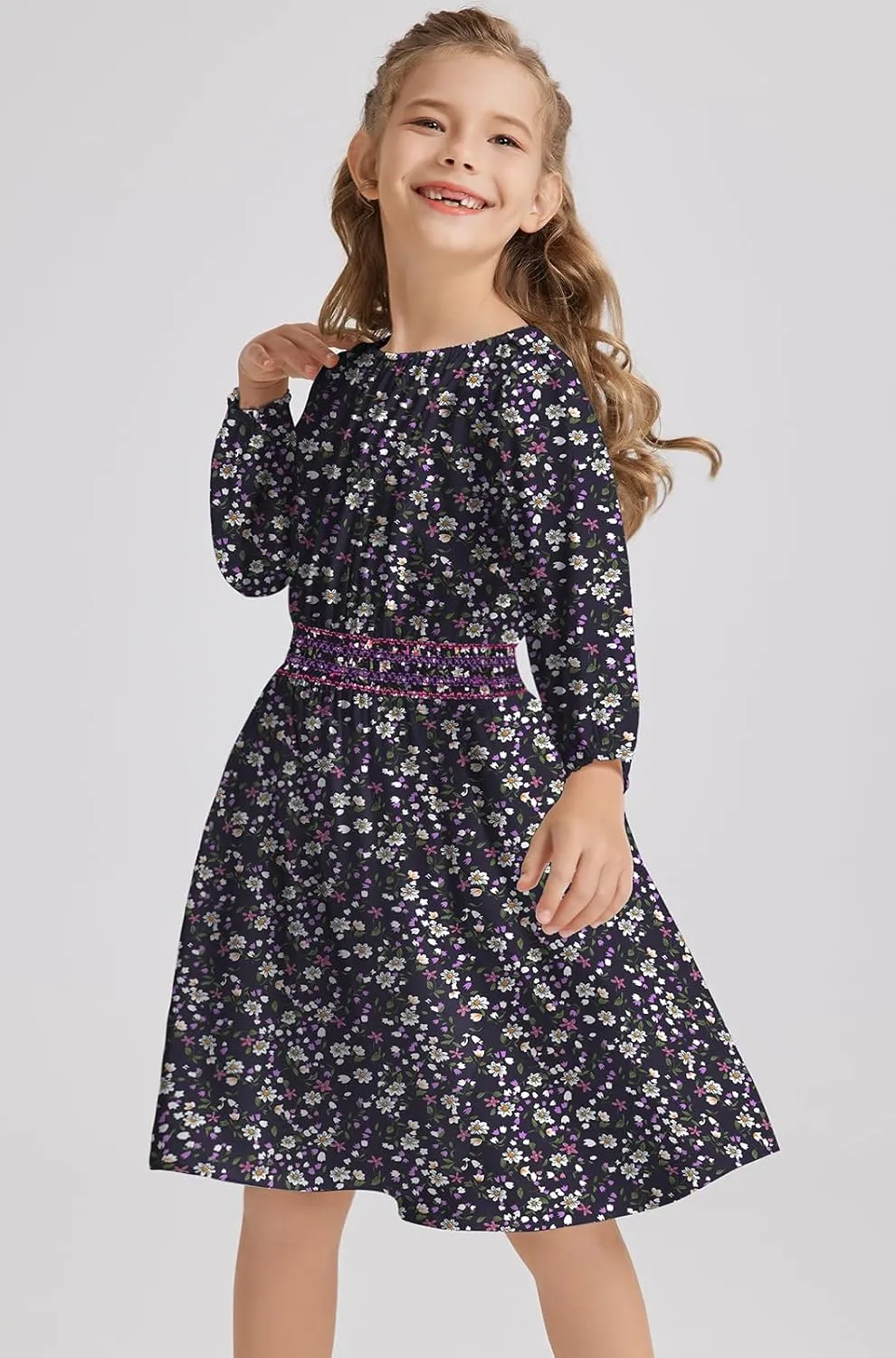 Girls Floral Smocked Waist Dress Church Holiday Playwear Soft Midi Dress with Pockets