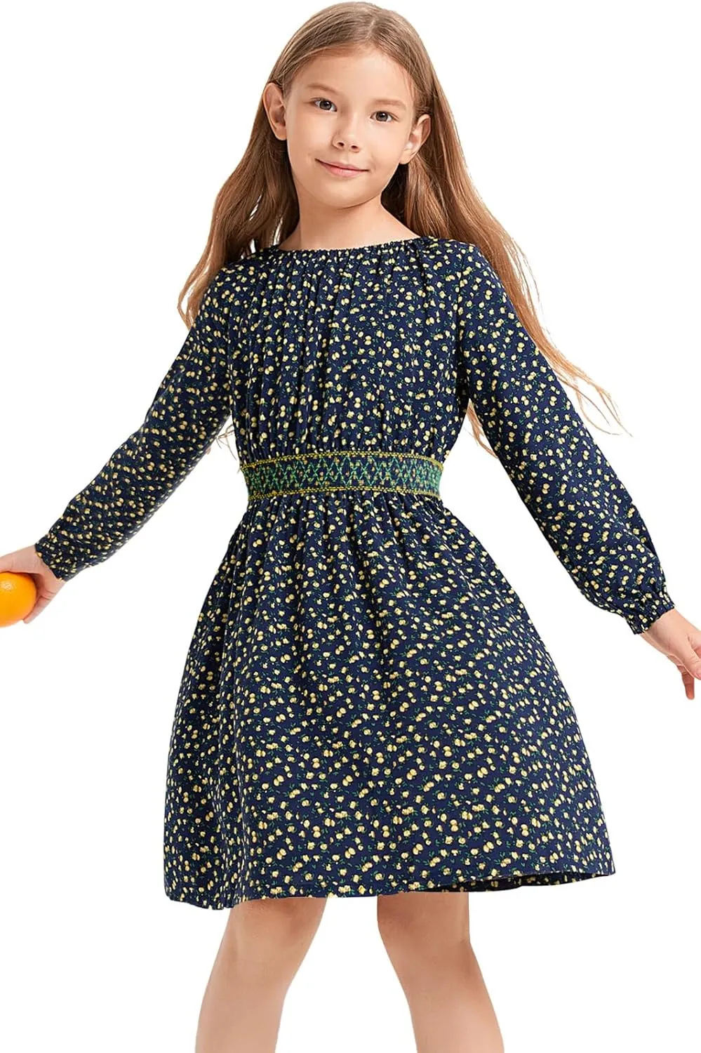 Girls Floral Smocked Waist Dress Church Holiday Playwear Soft Midi Dress with Pockets