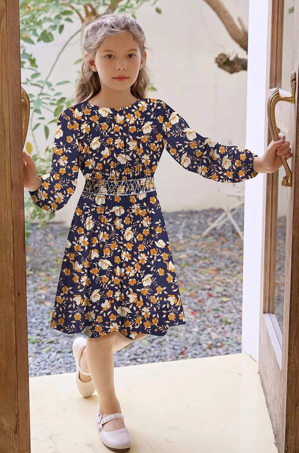 Girls Floral Smocked Waist Dress Church Holiday Playwear Soft Midi Dress with Pockets