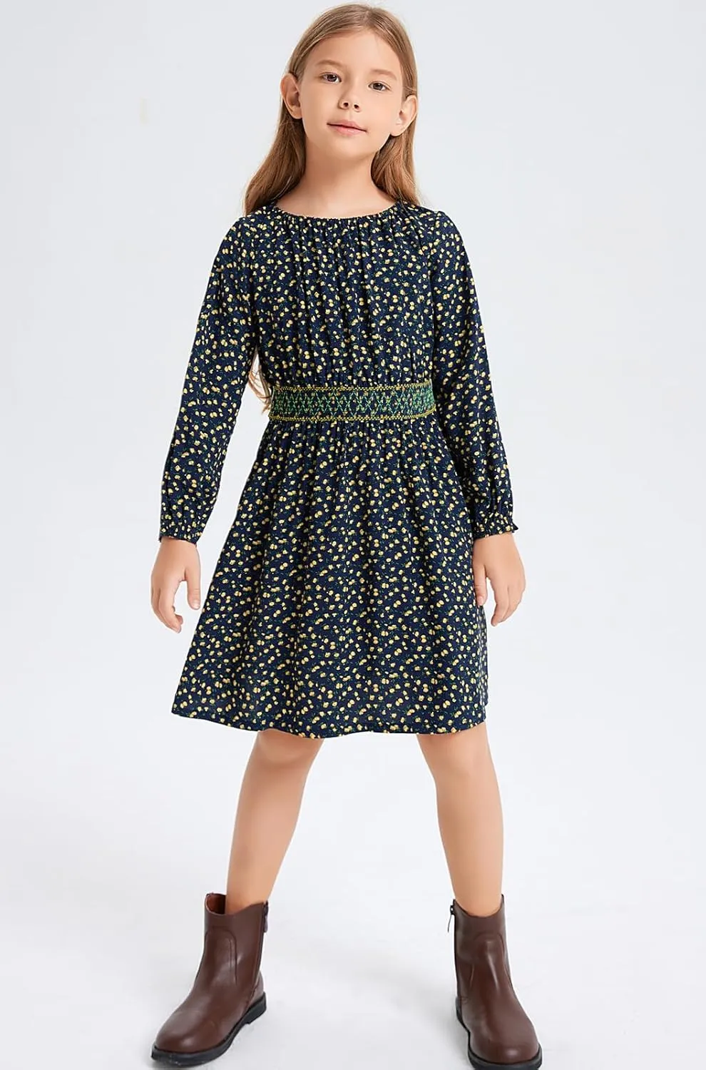 Girls Floral Smocked Waist Dress Church Holiday Playwear Soft Midi Dress with Pockets