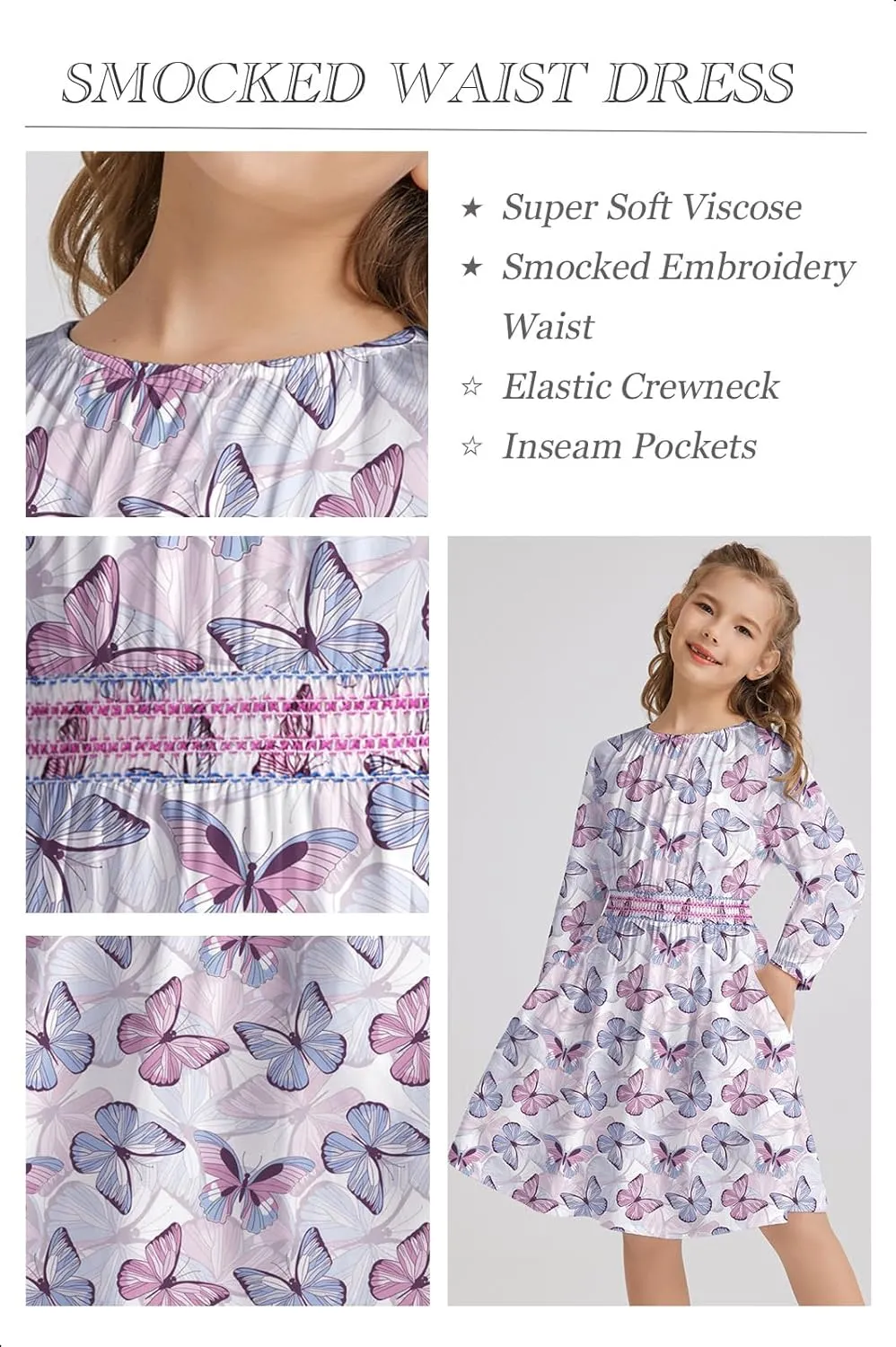 Girls Floral Smocked Waist Dress Church Holiday Playwear Soft Midi Dress with Pockets