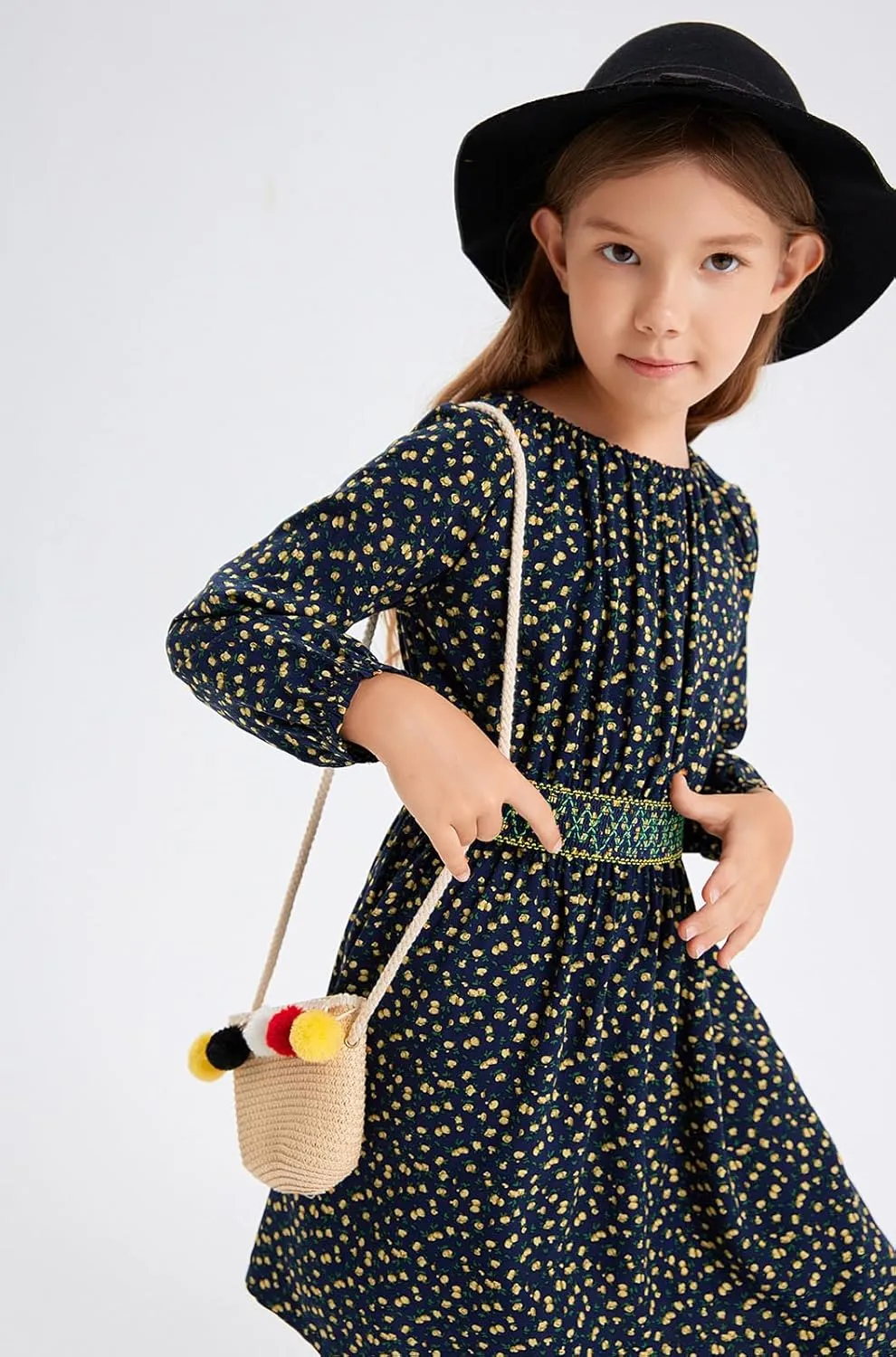 Girls Floral Smocked Waist Dress Church Holiday Playwear Soft Midi Dress with Pockets