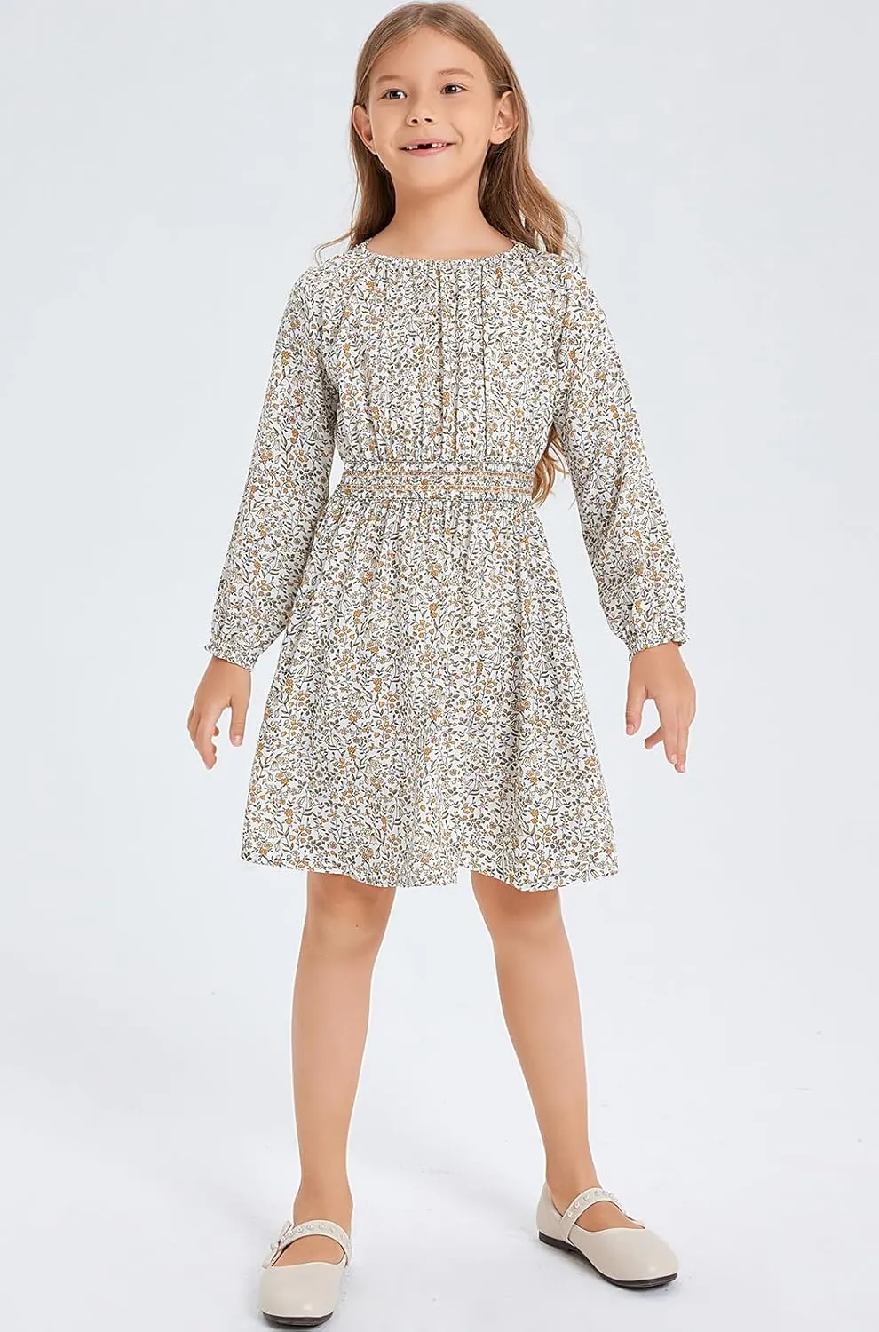 Girls Floral Smocked Waist Dress Church Holiday Playwear Soft Midi Dress with Pockets