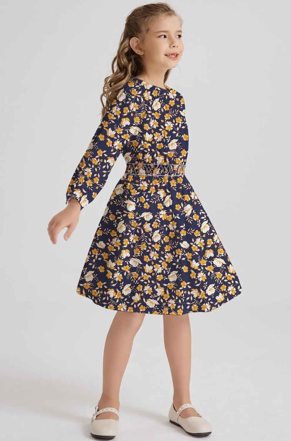 Girls Floral Smocked Waist Dress Church Holiday Playwear Soft Midi Dress with Pockets