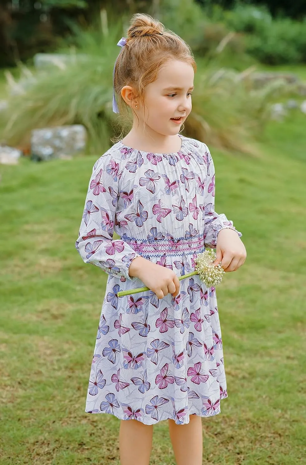 Girls Floral Smocked Waist Dress Church Holiday Playwear Soft Midi Dress with Pockets