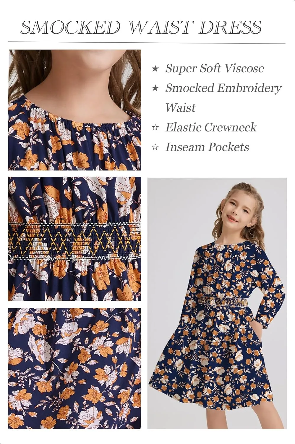 Girls Floral Smocked Waist Dress Church Holiday Playwear Soft Midi Dress with Pockets