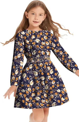 Girls Floral Smocked Waist Dress Church Holiday Playwear Soft Midi Dress with Pockets