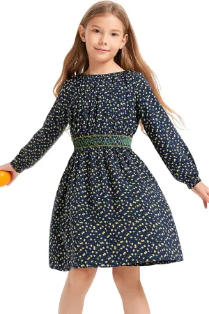 Girls Floral Smocked Waist Dress Church Holiday Playwear Soft Midi Dress with Pockets