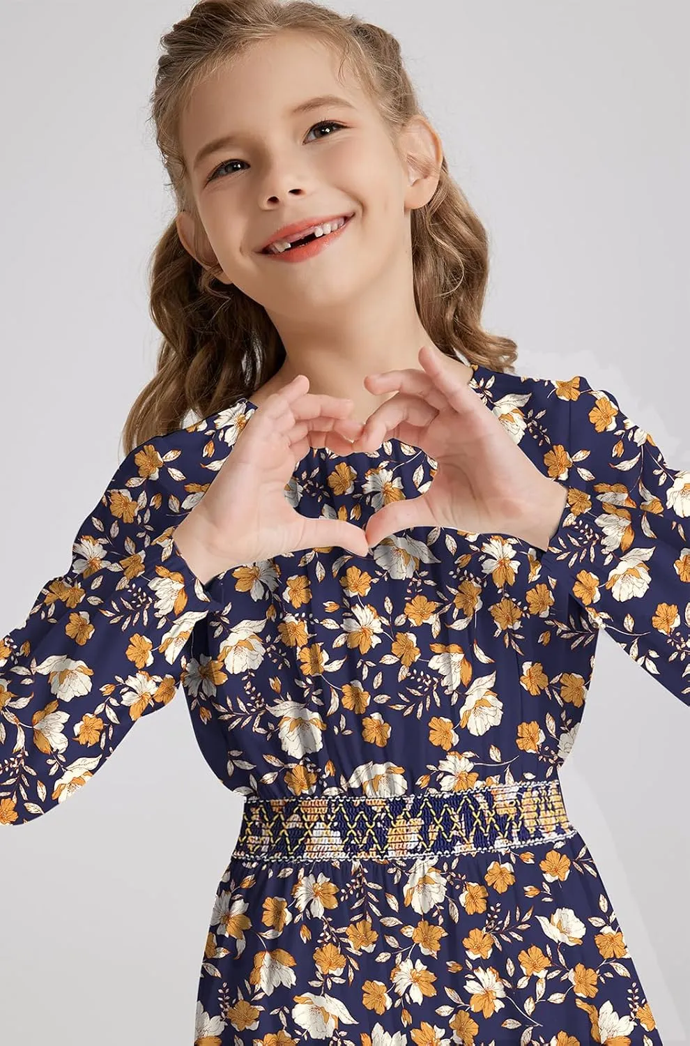 Girls Floral Smocked Waist Dress Church Holiday Playwear Soft Midi Dress with Pockets
