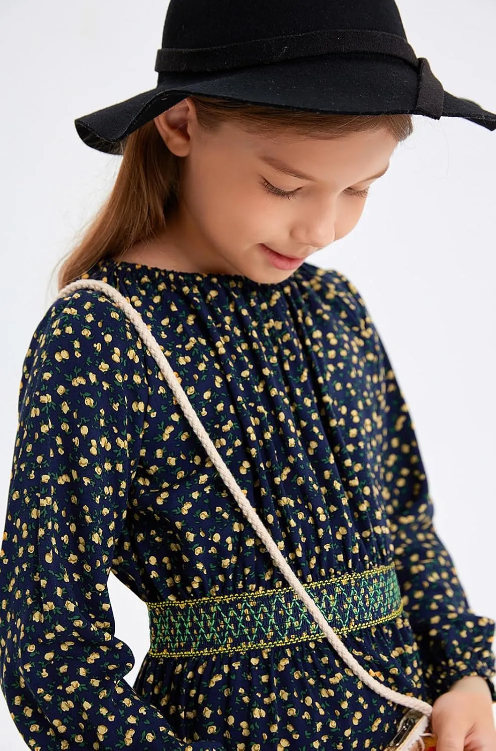 Girls Floral Smocked Waist Dress Church Holiday Playwear Soft Midi Dress with Pockets