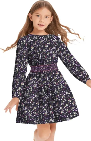 Girls Floral Smocked Waist Dress Church Holiday Playwear Soft Midi Dress with Pockets