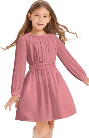 Girls Floral Smocked Waist Dress Church Holiday Playwear Soft Midi Dress with Pockets