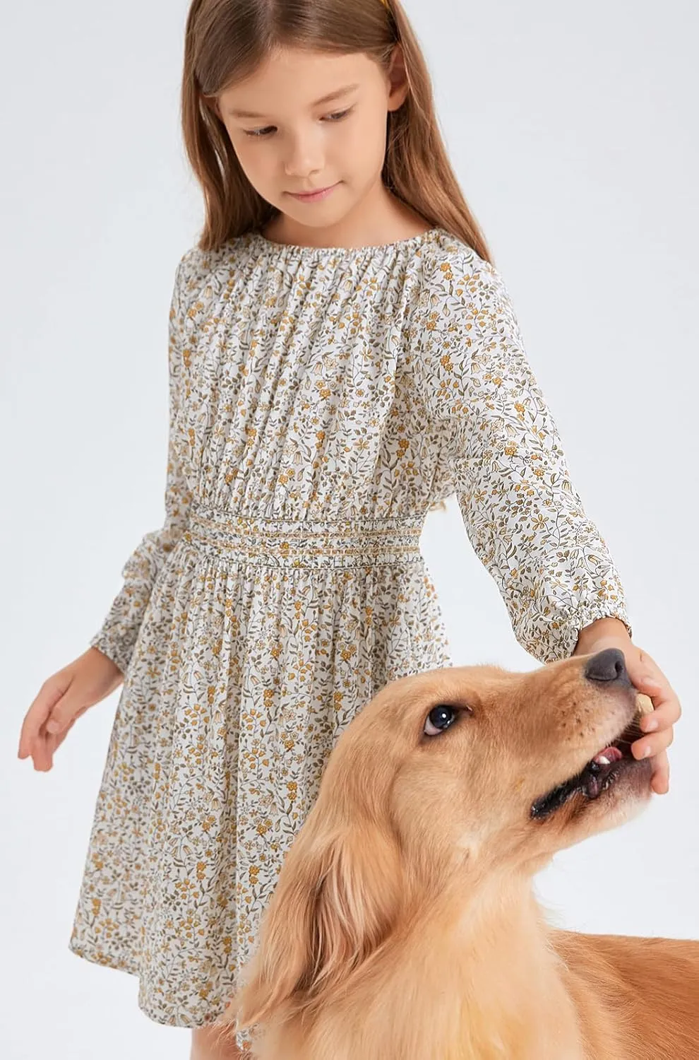 Girls Floral Smocked Waist Dress Church Holiday Playwear Soft Midi Dress with Pockets