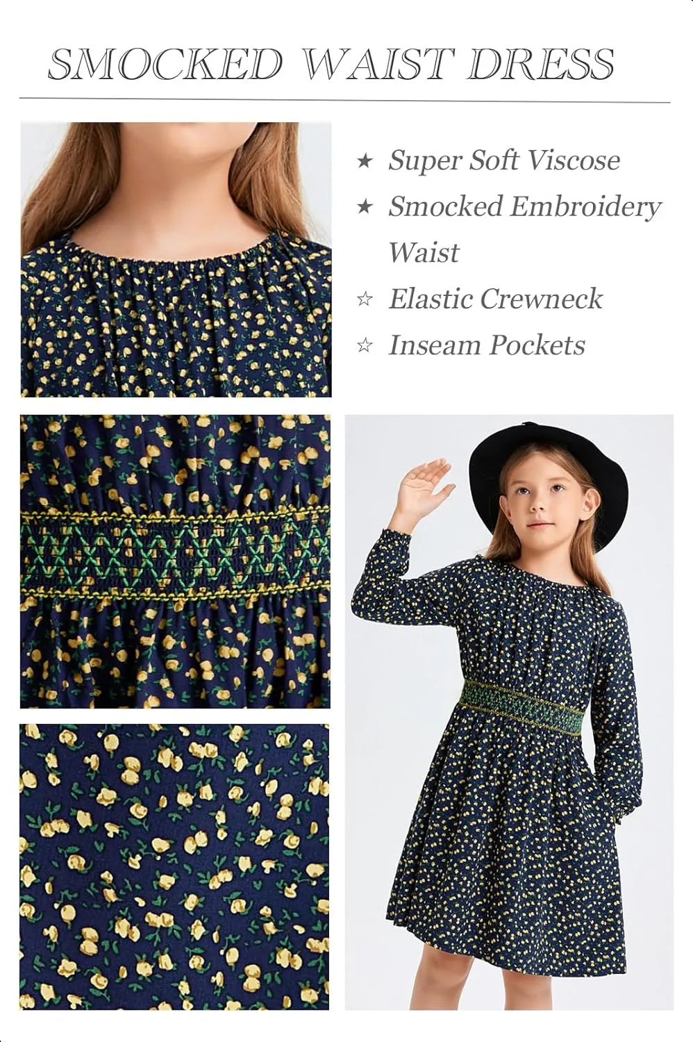 Girls Floral Smocked Waist Dress Church Holiday Playwear Soft Midi Dress with Pockets