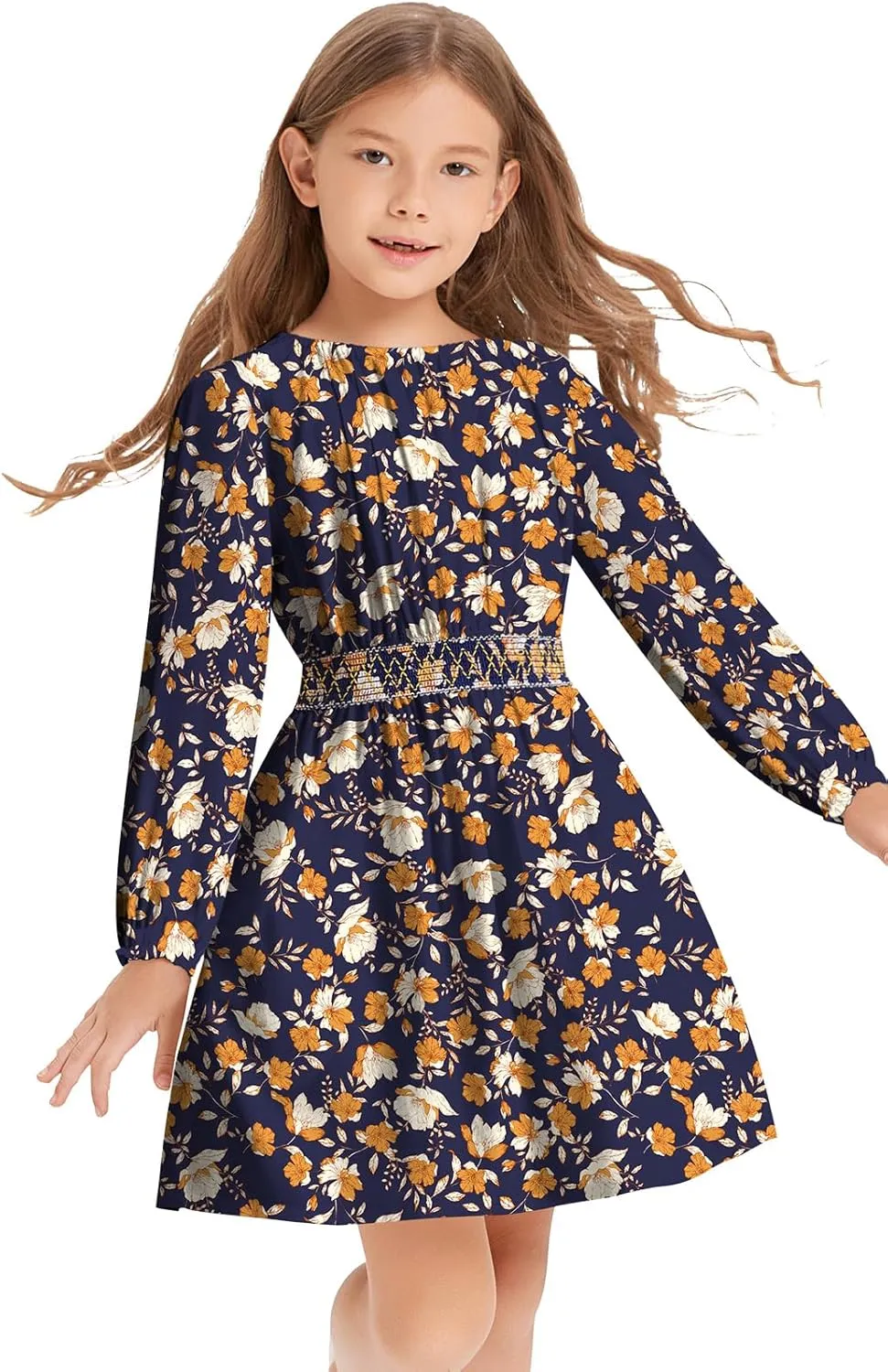 Girls Floral Smocked Waist Dress Church Holiday Playwear Soft Midi Dress with Pockets