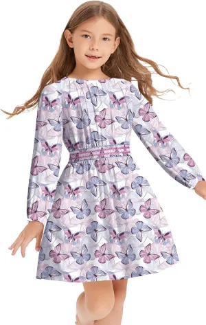 Girls Floral Smocked Waist Dress Church Holiday Playwear Soft Midi Dress with Pockets