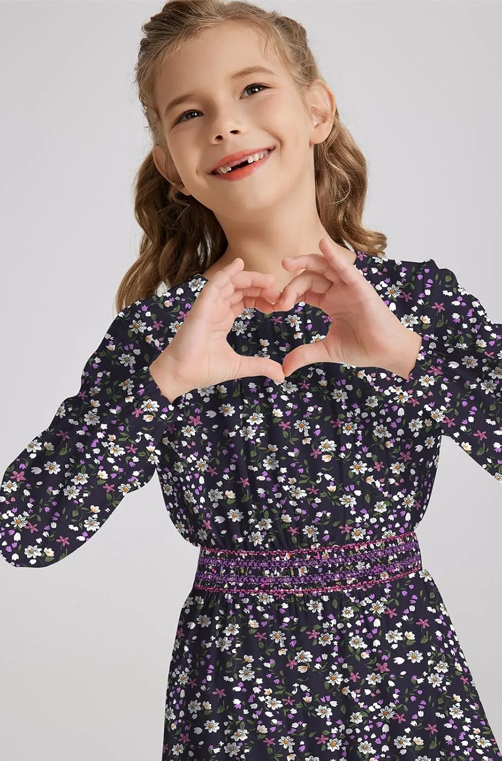 Girls Floral Smocked Waist Dress Church Holiday Playwear Soft Midi Dress with Pockets