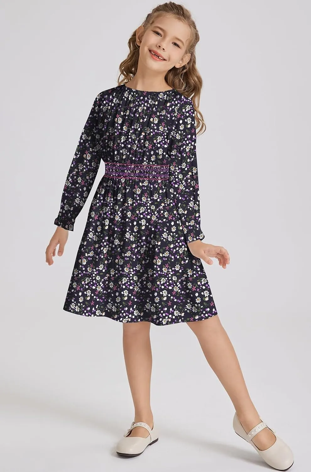 Girls Floral Smocked Waist Dress Church Holiday Playwear Soft Midi Dress with Pockets