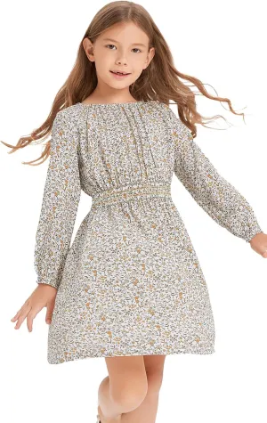 Girls Floral Smocked Waist Dress Church Holiday Playwear Soft Midi Dress with Pockets