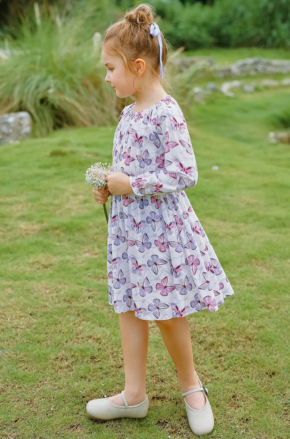 Girls Floral Smocked Waist Dress Church Holiday Playwear Soft Midi Dress with Pockets