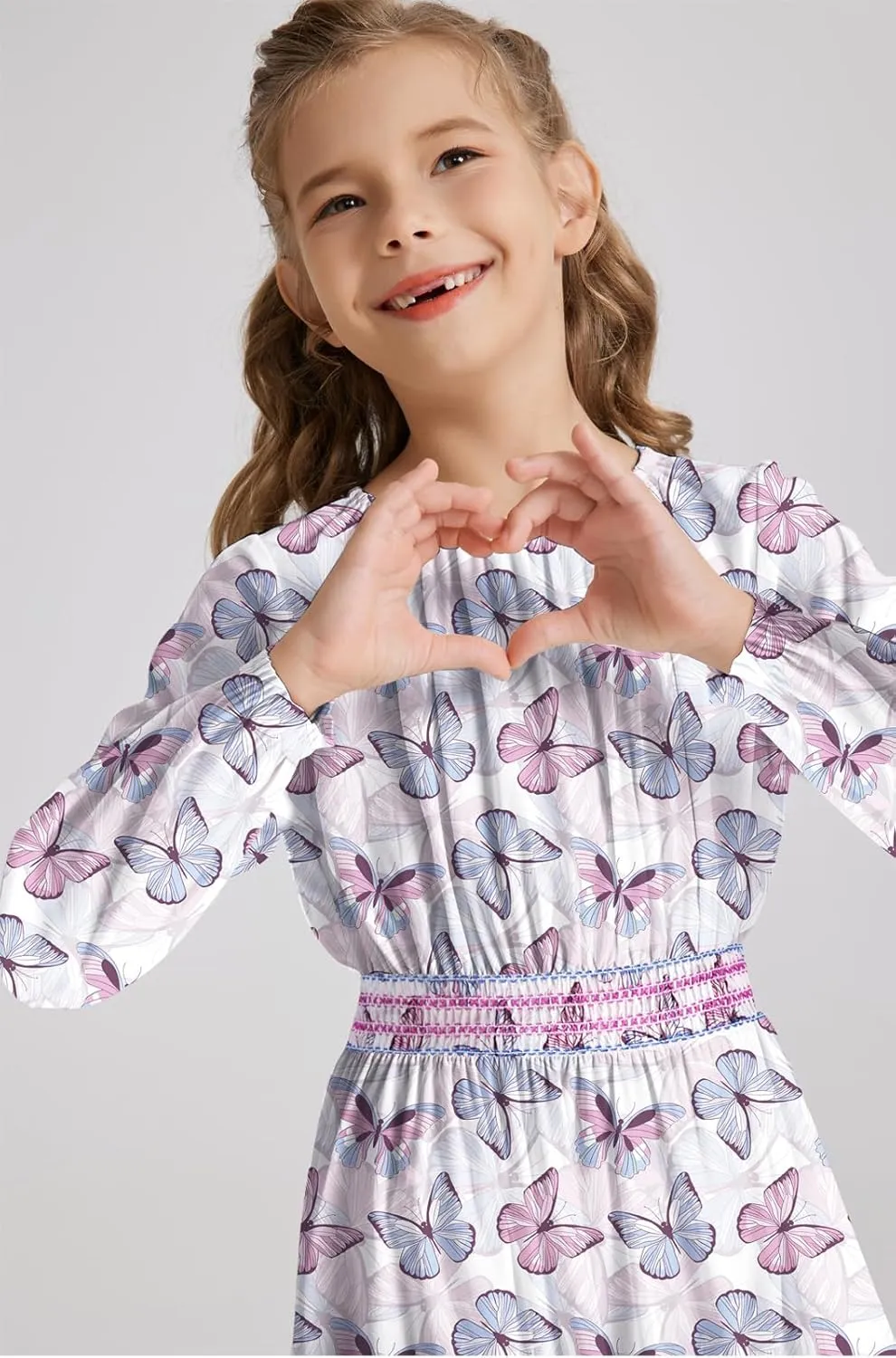 Girls Floral Smocked Waist Dress Church Holiday Playwear Soft Midi Dress with Pockets