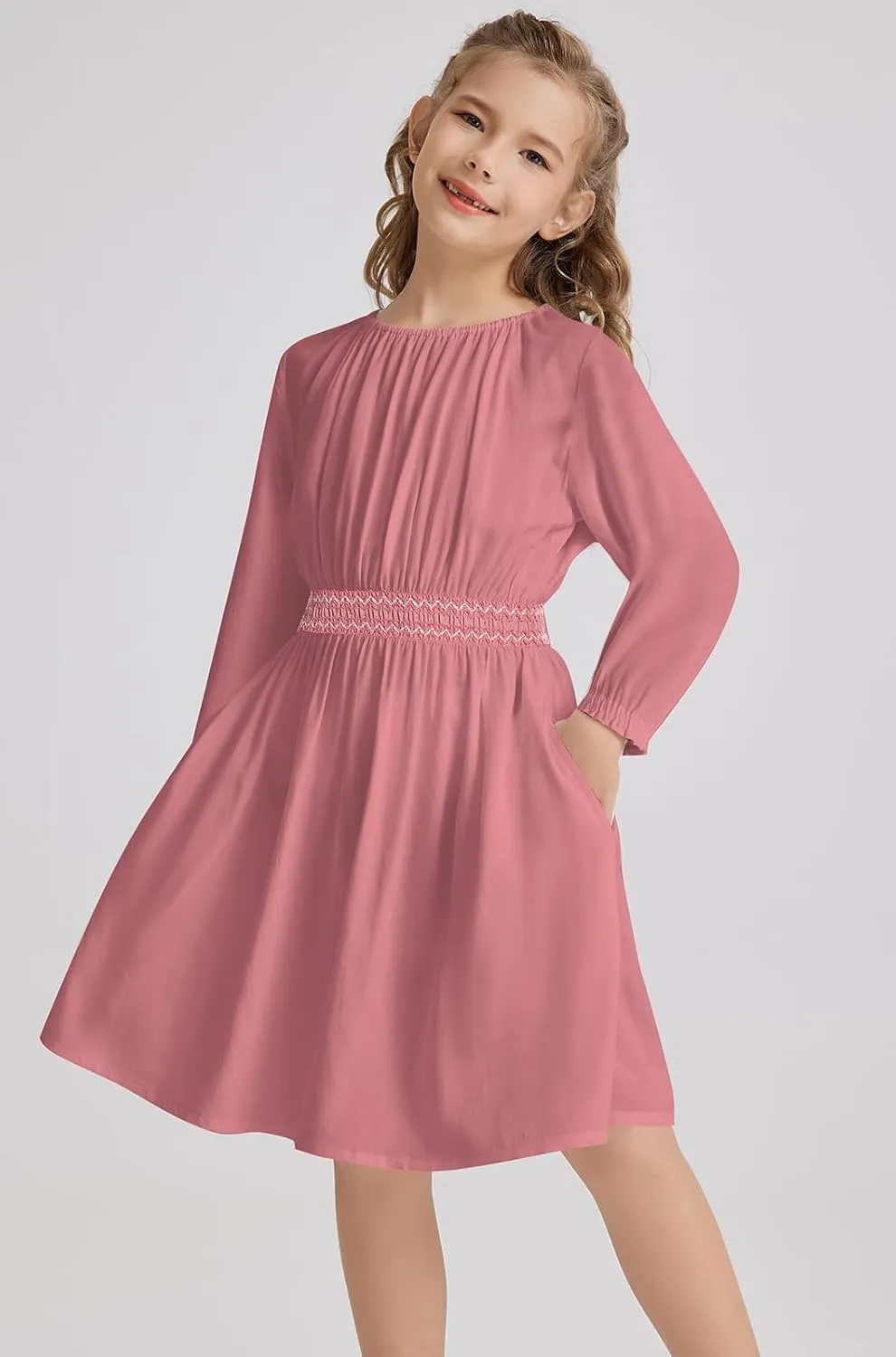 Girls Floral Smocked Waist Dress Church Holiday Playwear Soft Midi Dress with Pockets