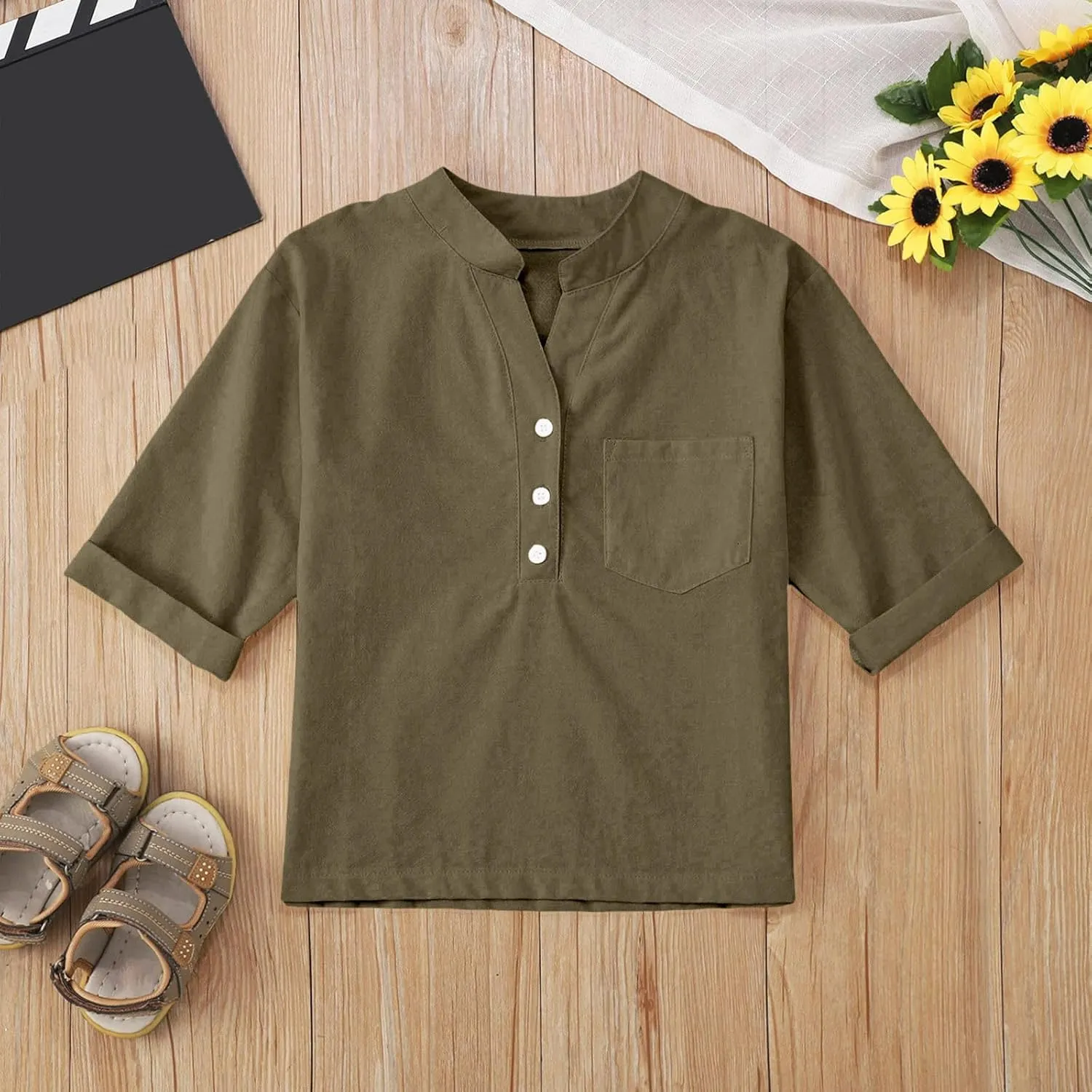 Girls Linen Shirts Loose Fit Button Down Collar Cotton Blouses Teen Summer Lightweight Solid Tee Tops with Pockets