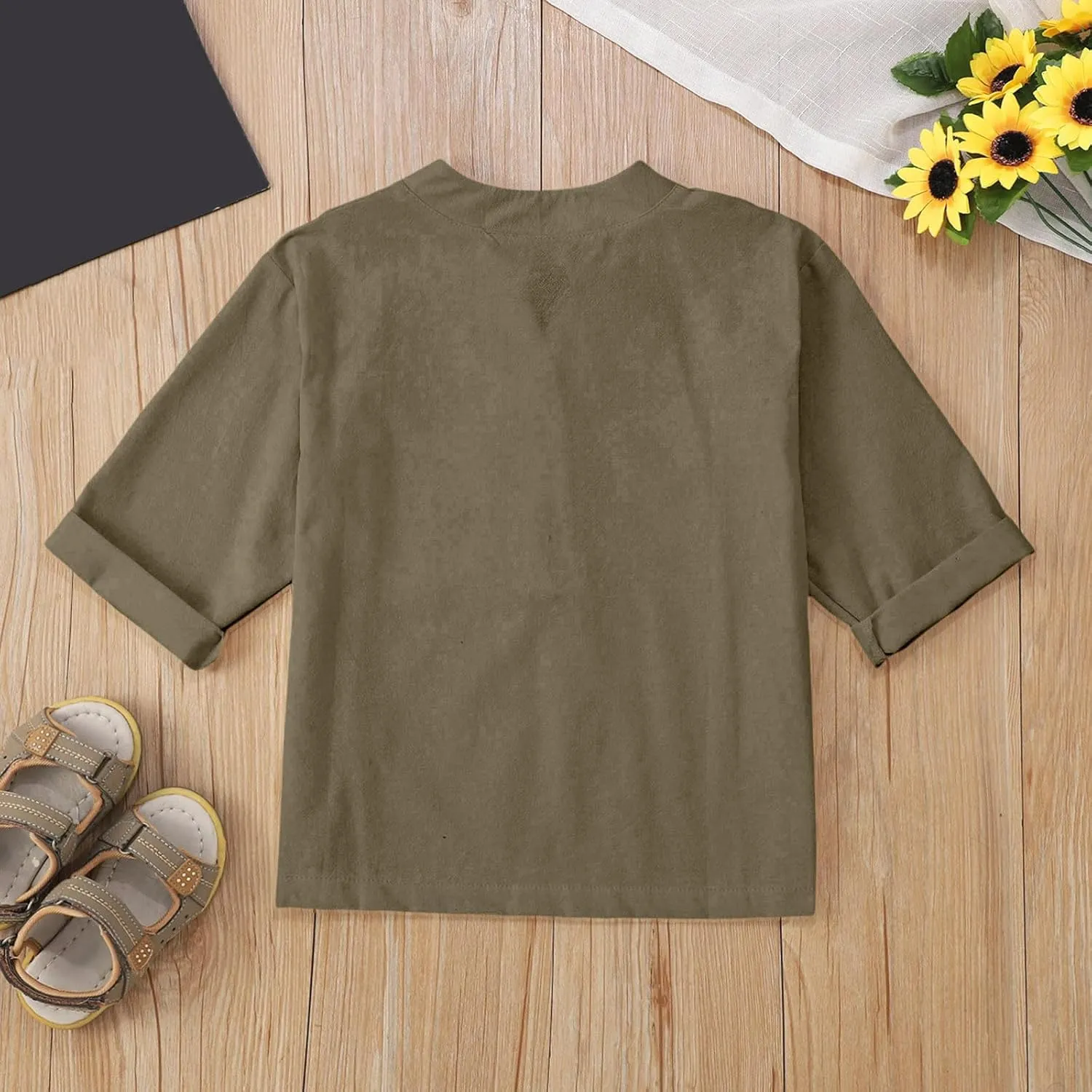 Girls Linen Shirts Loose Fit Button Down Collar Cotton Blouses Teen Summer Lightweight Solid Tee Tops with Pockets