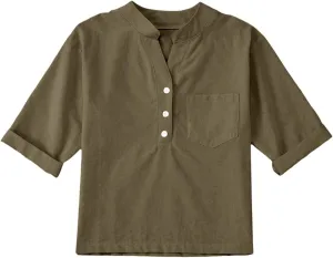 Girls Linen Shirts Loose Fit Button Down Collar Cotton Blouses Teen Summer Lightweight Solid Tee Tops with Pockets