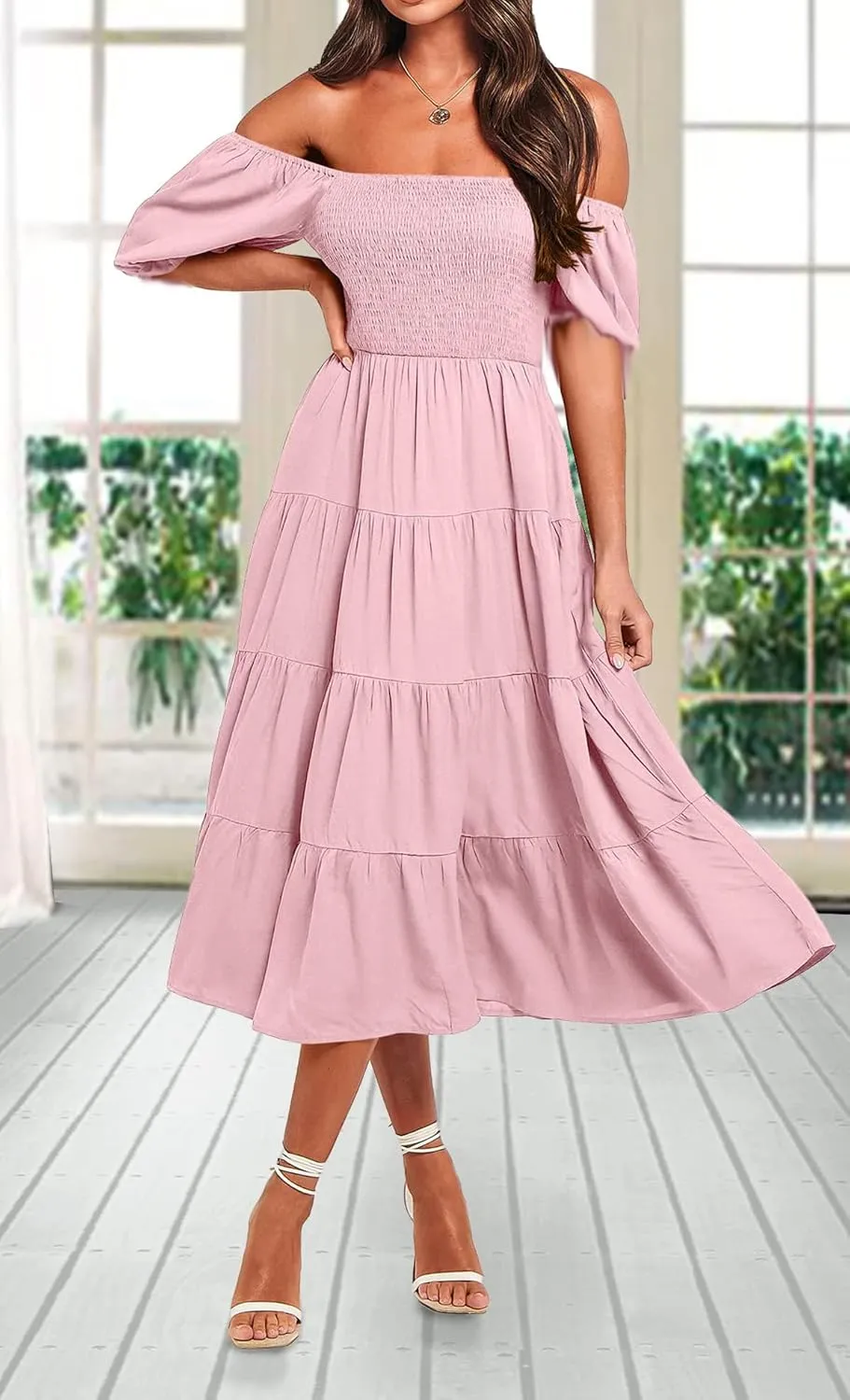 GOLDSTITCH Women's Smocked Maxi Dress Square Neck Ruffle Hem Puffy Short Sleeve Flowy Midi Dress