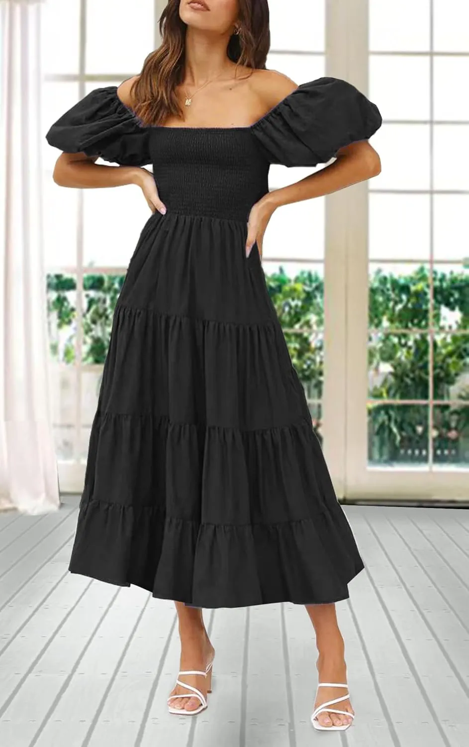 GOLDSTITCH Women's Smocked Maxi Dress Square Neck Ruffle Hem Puffy Short Sleeve Flowy Midi Dress