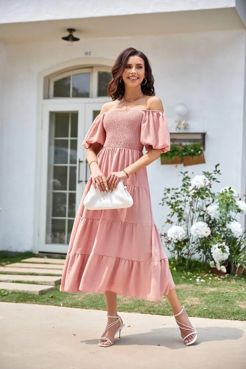 GOLDSTITCH Women's Smocked Maxi Dress Square Neck Ruffle Hem Puffy Short Sleeve Flowy Midi Dress