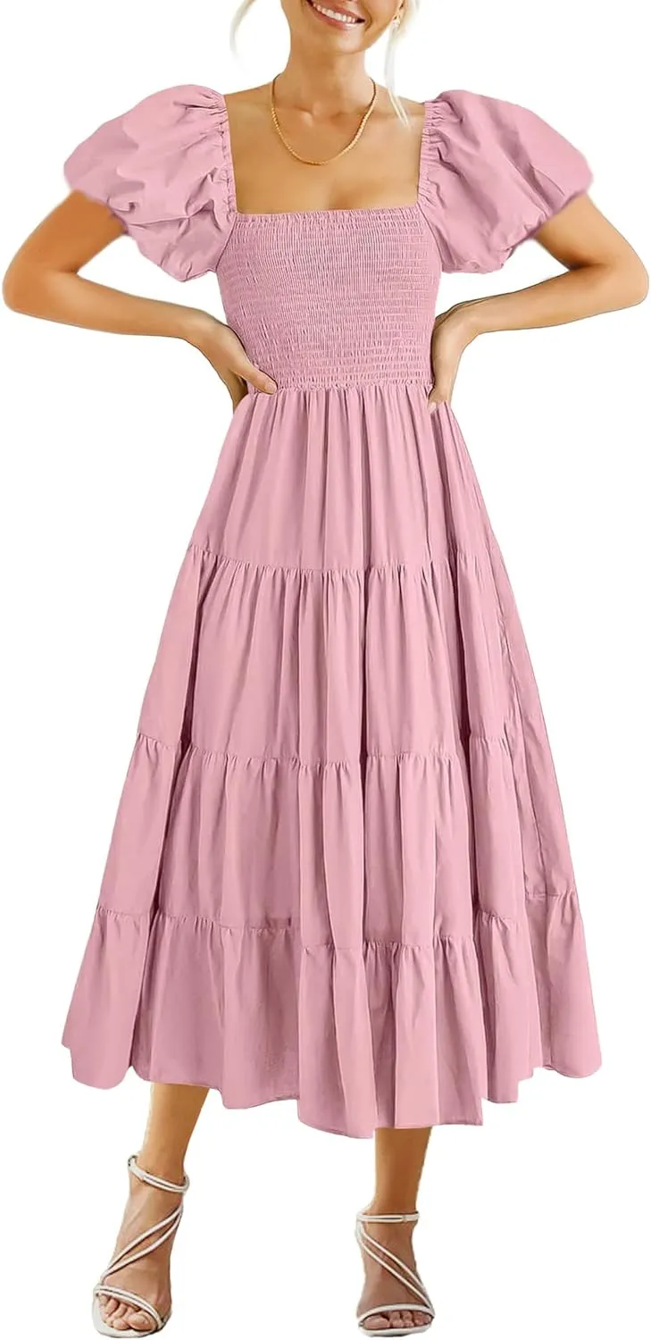 GOLDSTITCH Women's Smocked Maxi Dress Square Neck Ruffle Hem Puffy Short Sleeve Flowy Midi Dress