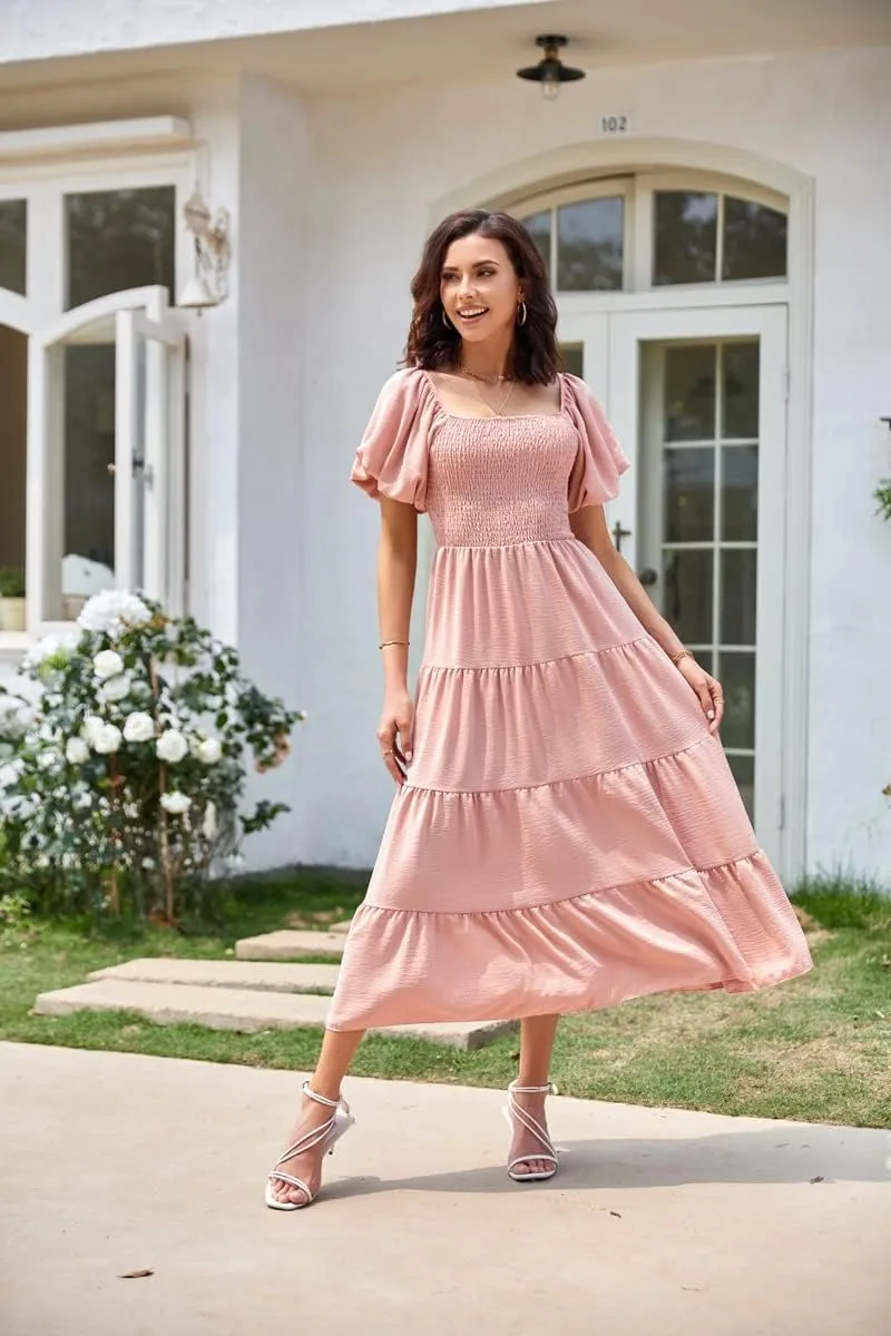 GOLDSTITCH Women's Smocked Maxi Dress Square Neck Ruffle Hem Puffy Short Sleeve Flowy Midi Dress