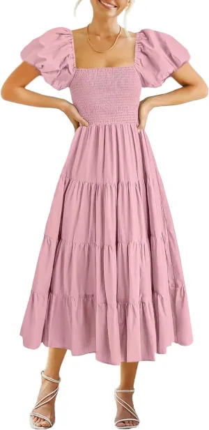 GOLDSTITCH Women's Smocked Maxi Dress Square Neck Ruffle Hem Puffy Short Sleeve Flowy Midi Dress