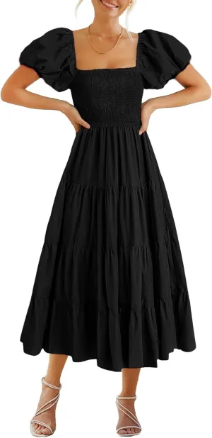 GOLDSTITCH Women's Smocked Maxi Dress Square Neck Ruffle Hem Puffy Short Sleeve Flowy Midi Dress