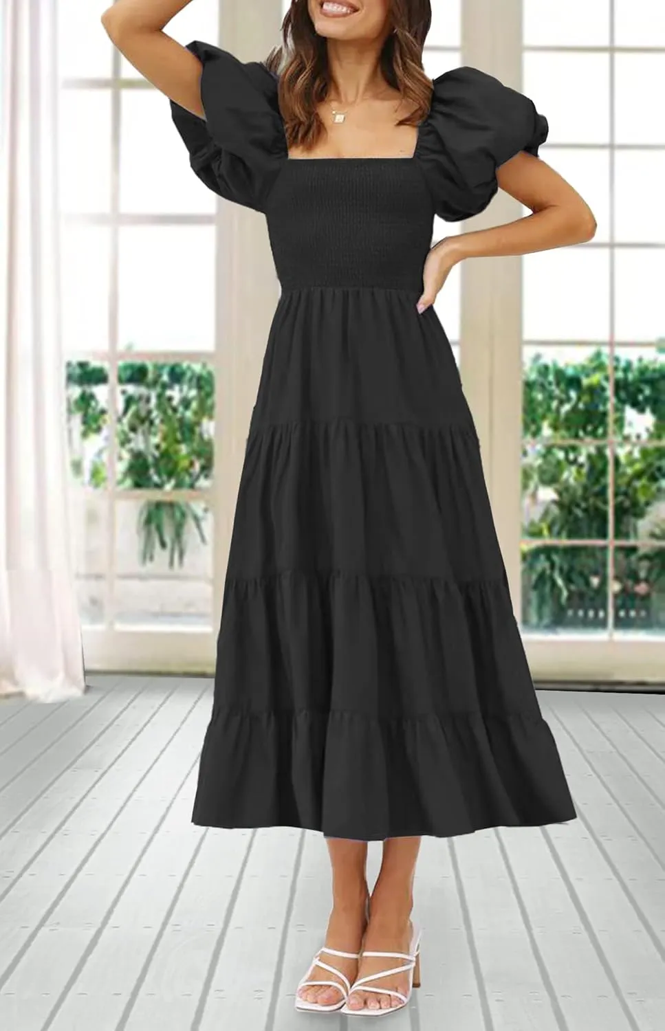 GOLDSTITCH Women's Smocked Maxi Dress Square Neck Ruffle Hem Puffy Short Sleeve Flowy Midi Dress