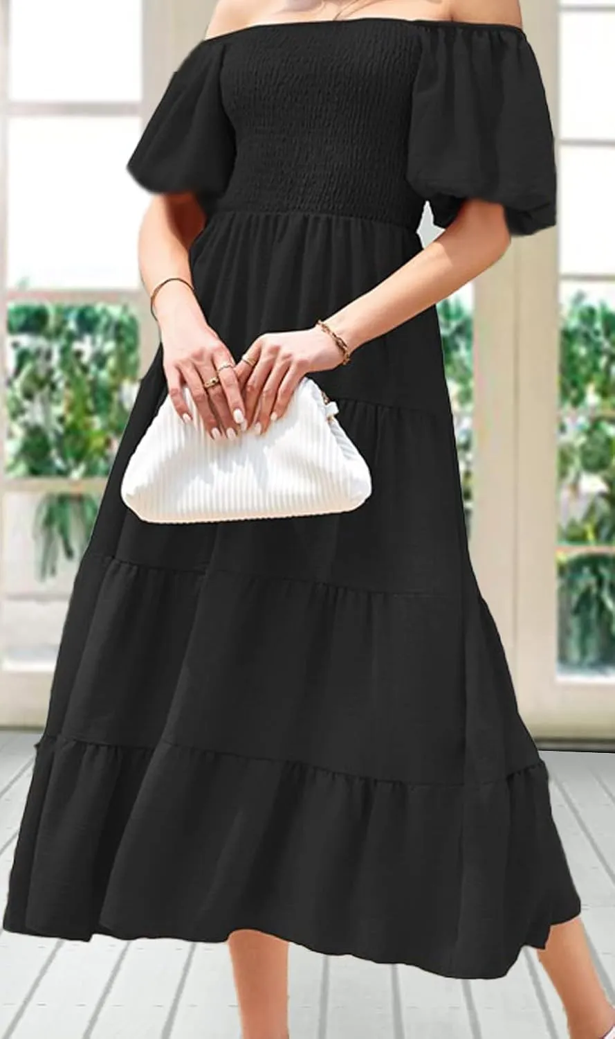 GOLDSTITCH Women's Smocked Maxi Dress Square Neck Ruffle Hem Puffy Short Sleeve Flowy Midi Dress