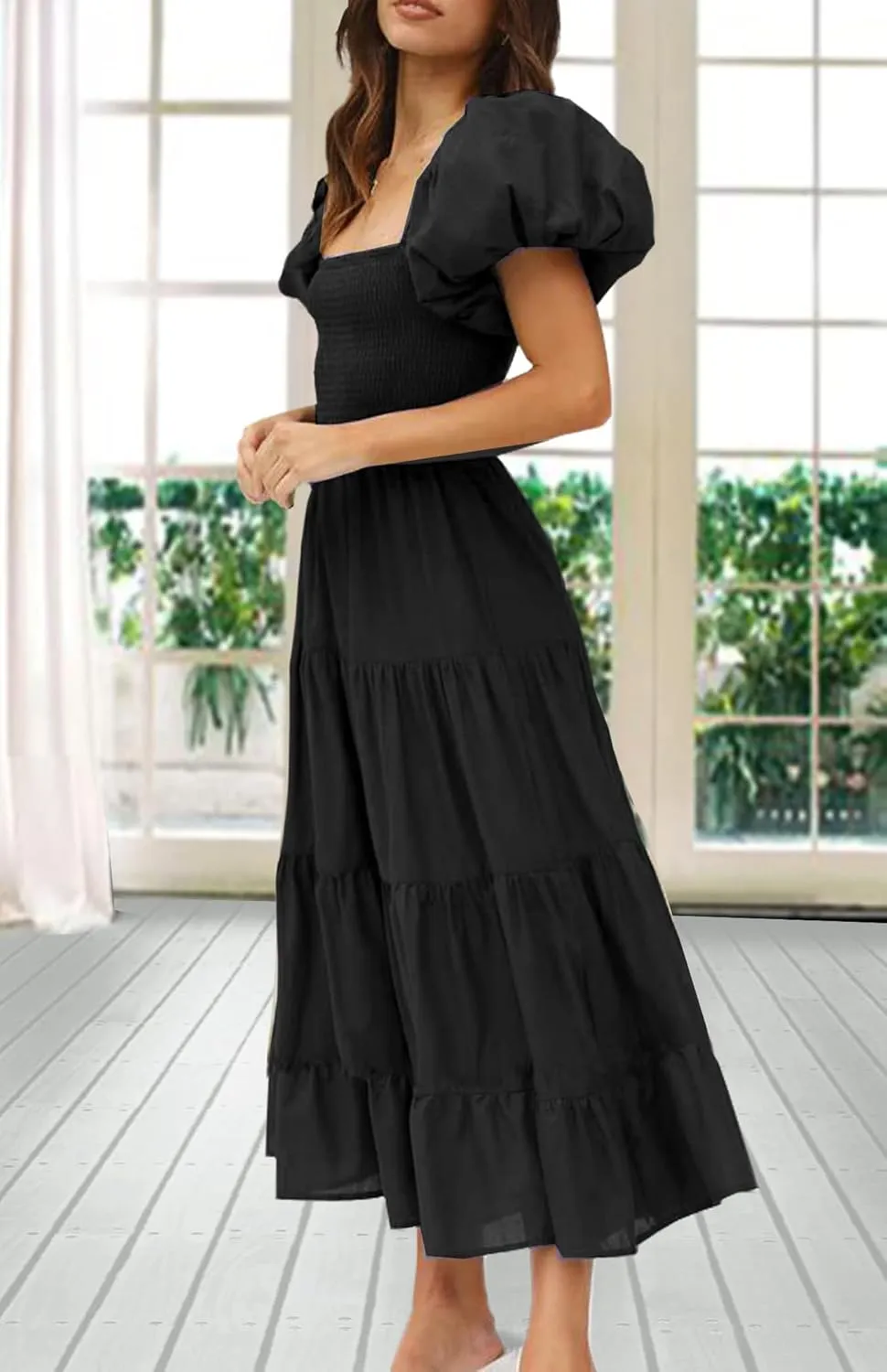 GOLDSTITCH Women's Smocked Maxi Dress Square Neck Ruffle Hem Puffy Short Sleeve Flowy Midi Dress