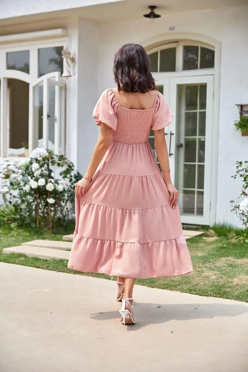 GOLDSTITCH Women's Smocked Maxi Dress Square Neck Ruffle Hem Puffy Short Sleeve Flowy Midi Dress