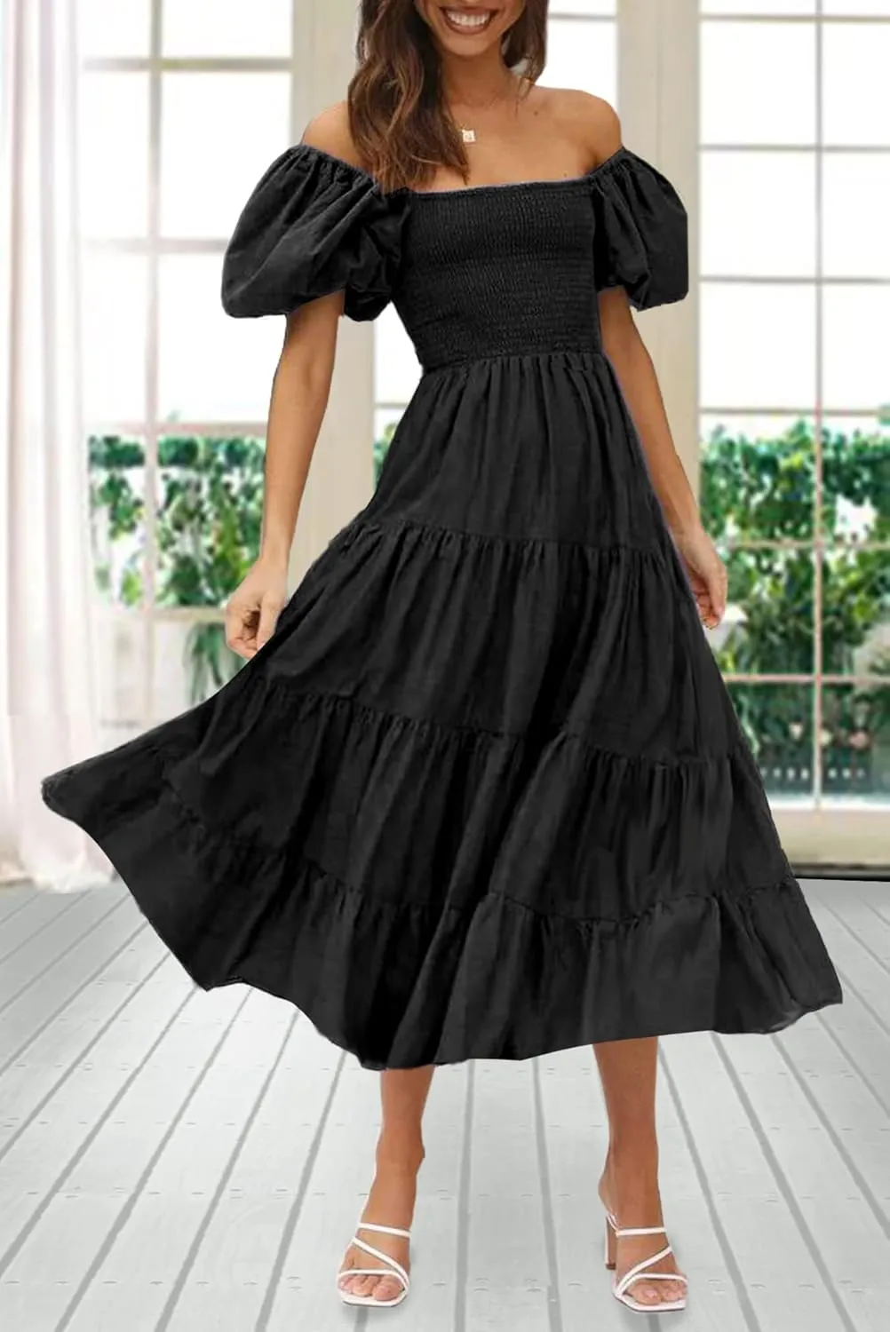 GOLDSTITCH Women's Smocked Maxi Dress Square Neck Ruffle Hem Puffy Short Sleeve Flowy Midi Dress