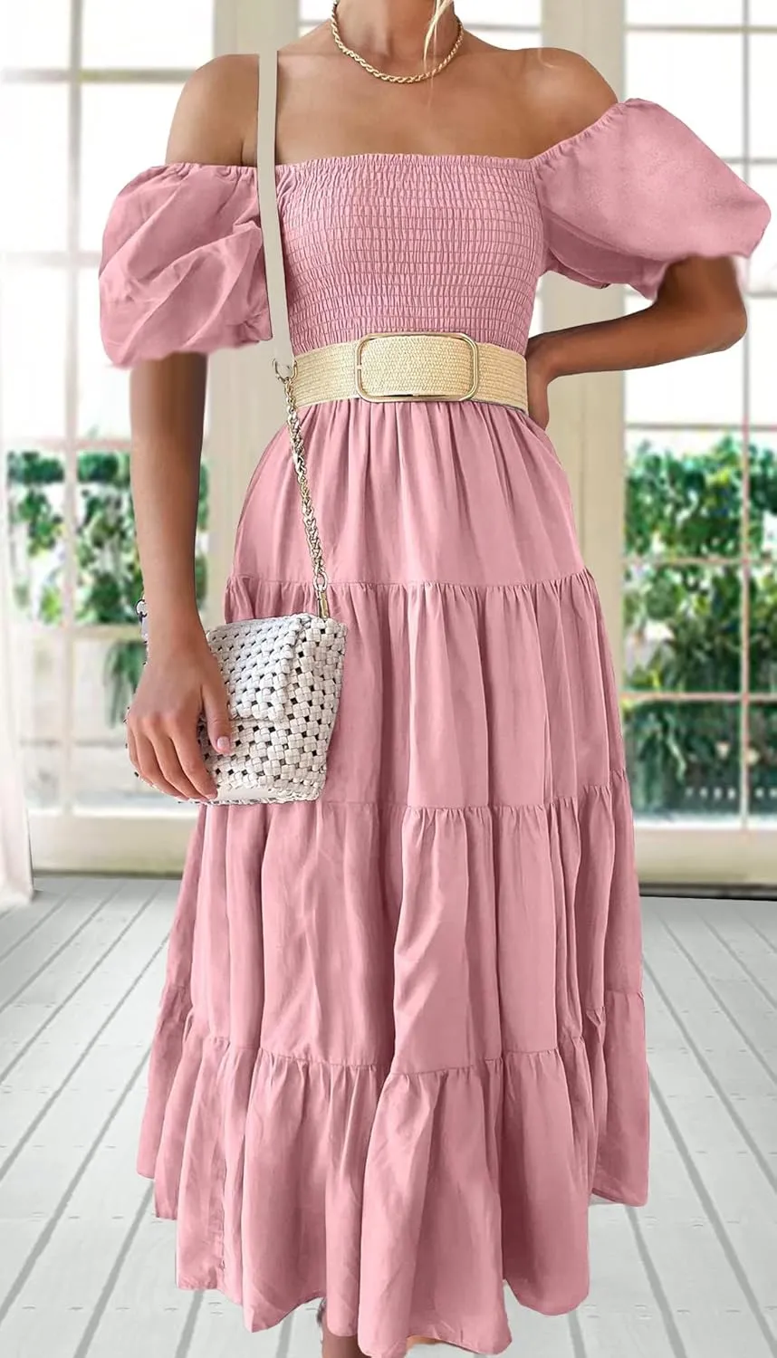 GOLDSTITCH Women's Smocked Maxi Dress Square Neck Ruffle Hem Puffy Short Sleeve Flowy Midi Dress