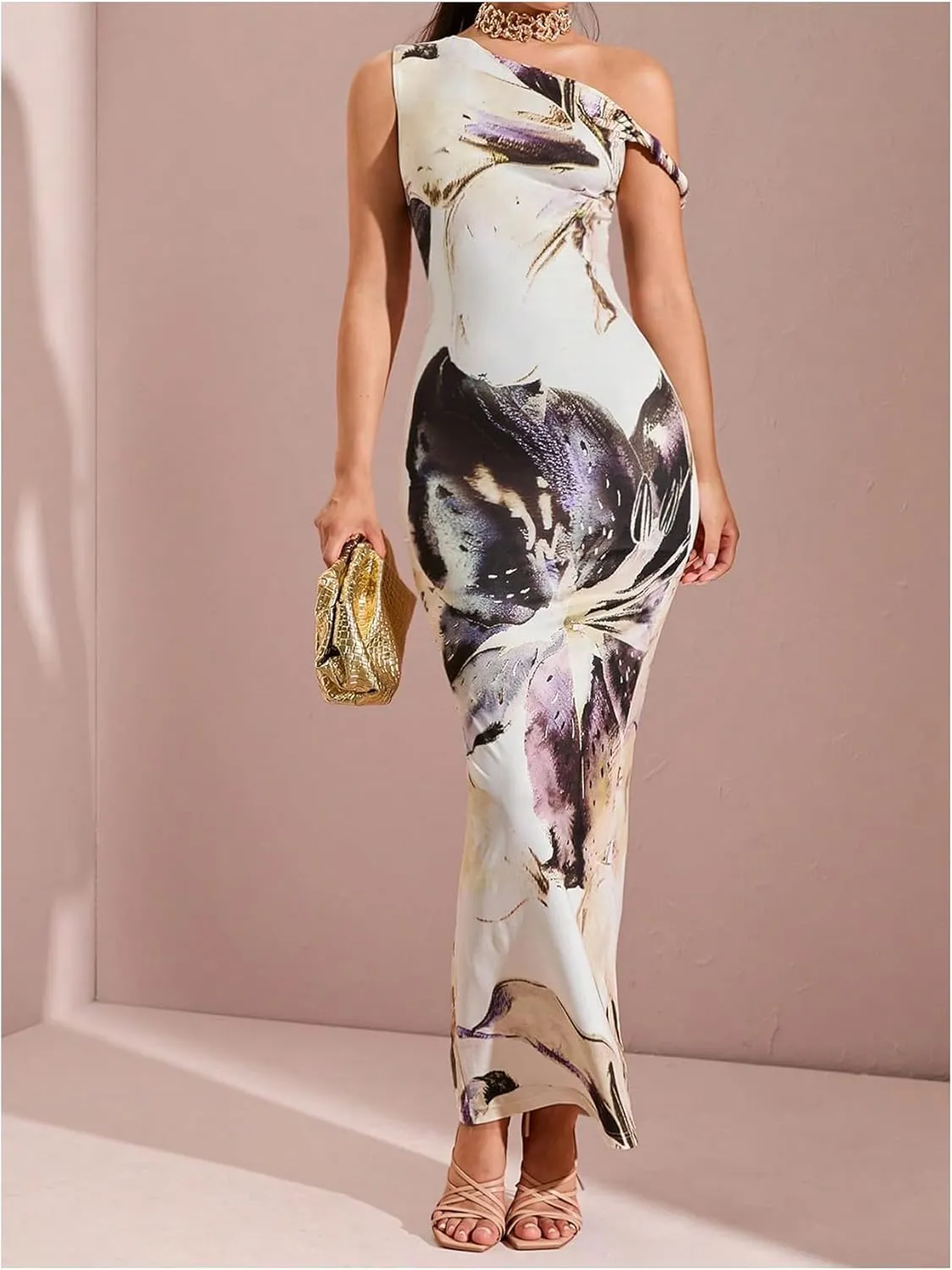 GORGLITTER Women's Long Floral Dress Asymmetrical One Shoulder Sleeveless Bodycon Maxi Dress