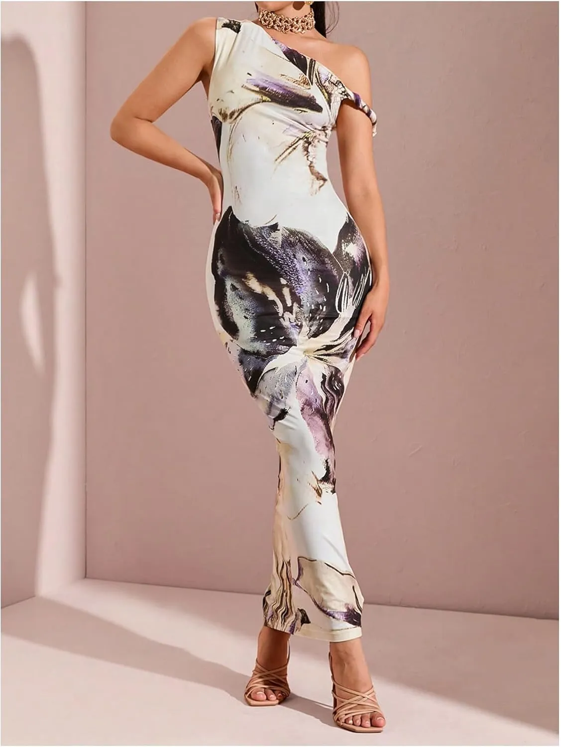 GORGLITTER Women's Long Floral Dress Asymmetrical One Shoulder Sleeveless Bodycon Maxi Dress