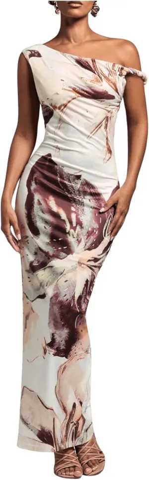 GORGLITTER Women's Long Floral Dress Asymmetrical One Shoulder Sleeveless Bodycon Maxi Dress