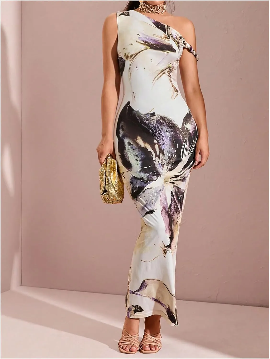 GORGLITTER Women's Long Floral Dress Asymmetrical One Shoulder Sleeveless Bodycon Maxi Dress