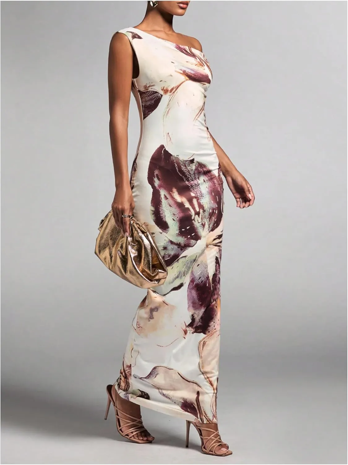 GORGLITTER Women's Long Floral Dress Asymmetrical One Shoulder Sleeveless Bodycon Maxi Dress