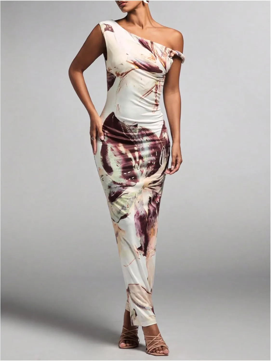 GORGLITTER Women's Long Floral Dress Asymmetrical One Shoulder Sleeveless Bodycon Maxi Dress
